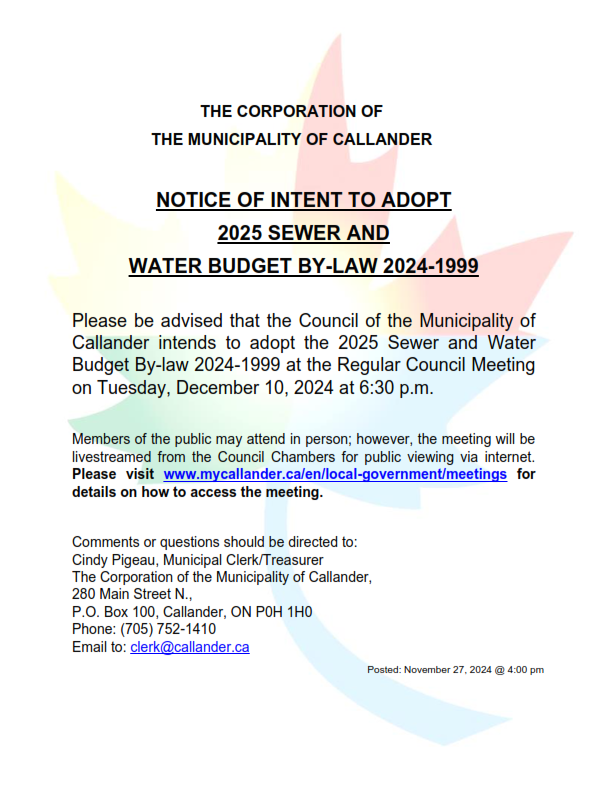 NOTICE OF INTENT TO ADOPT 2025 SEWER AND WATER BUDGET BY-LAW 2024-1999